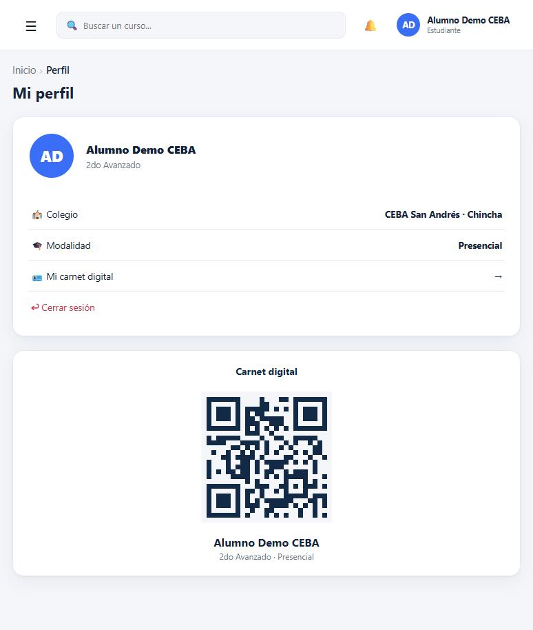 Perfil del alumno con su carnet digital y código QR